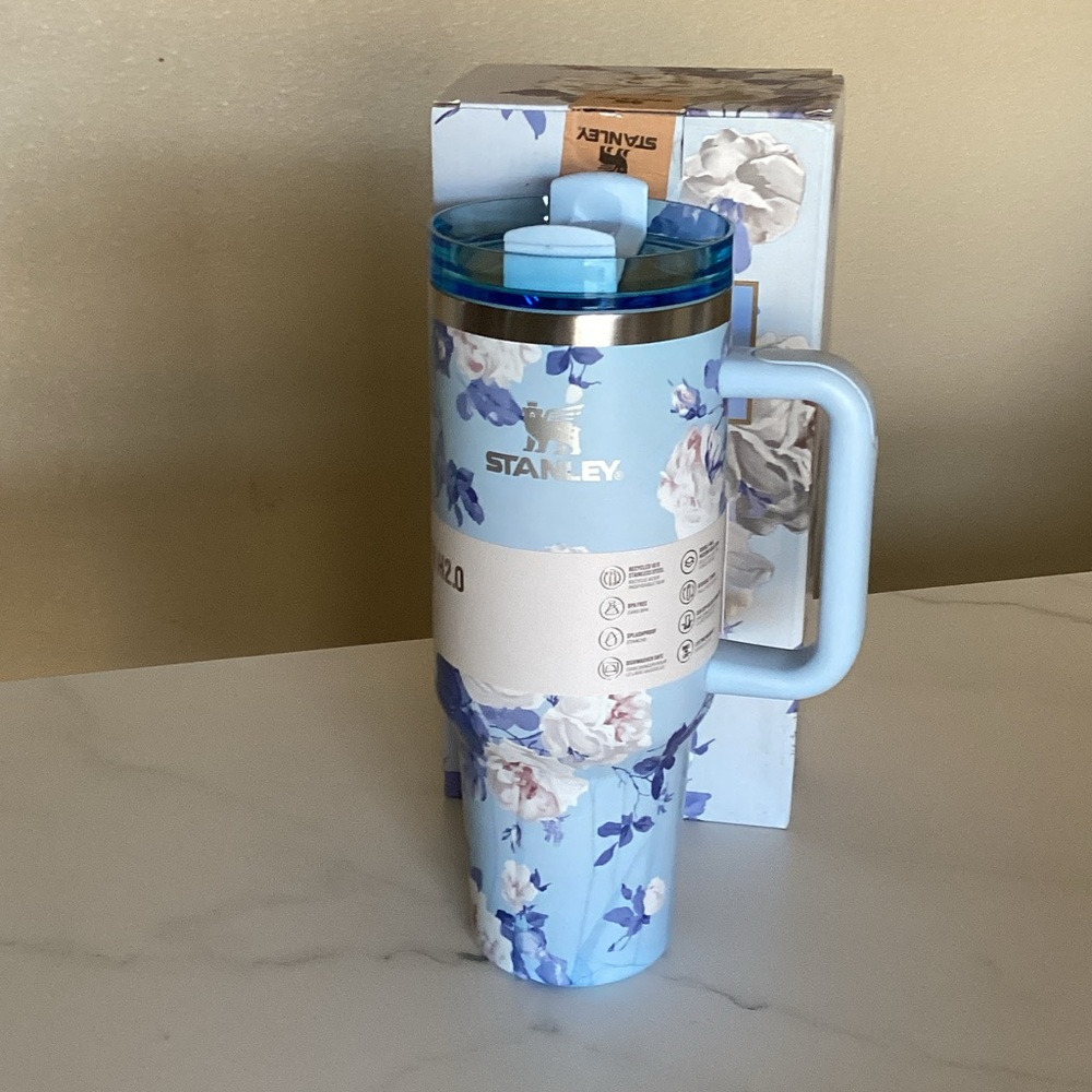 Stanley Blue and White Floral Tumbler with Handle